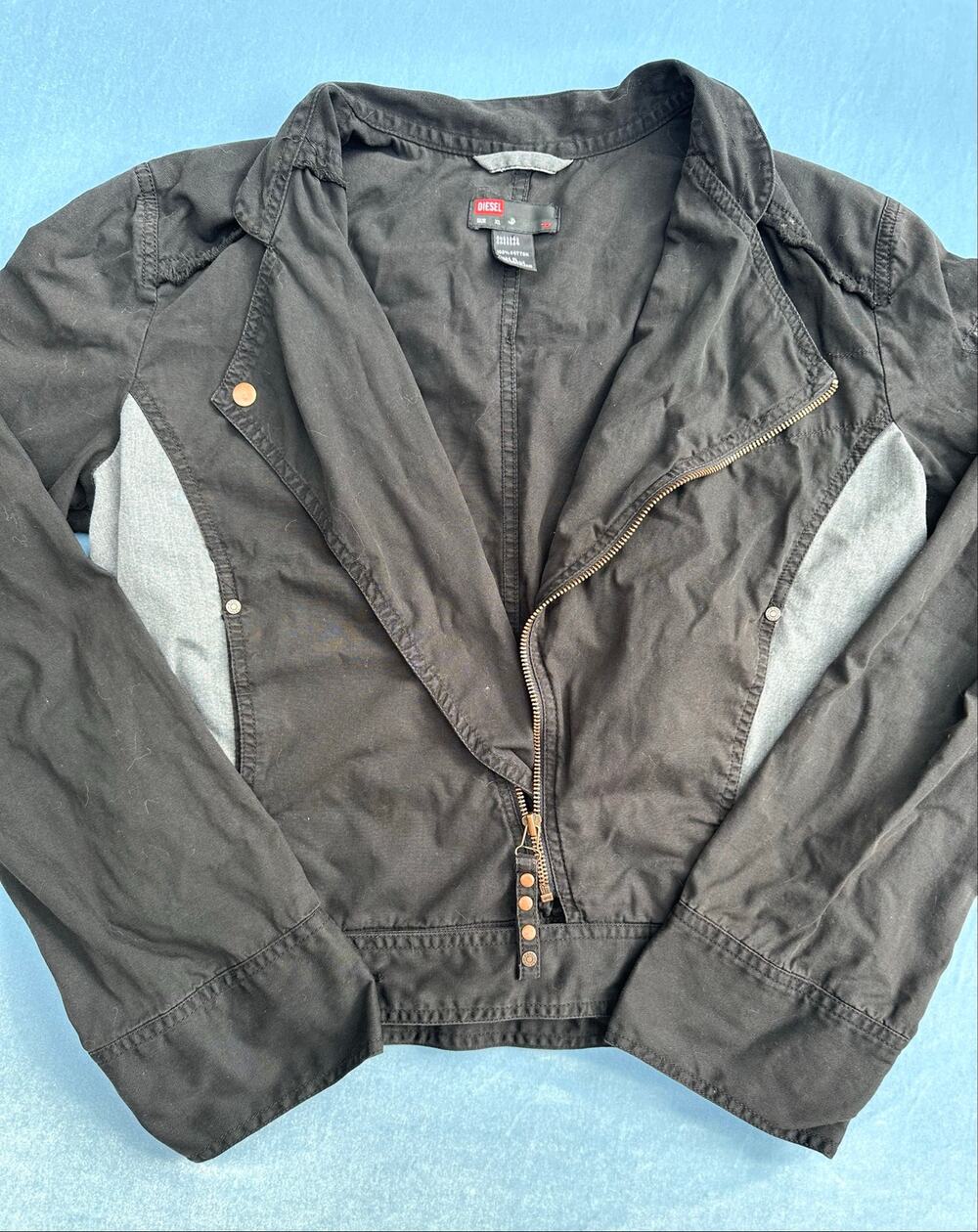 Diesel Womens Black Cotton Moto Jacket Grey Contrast Panels Asymmetric Zip Sz XL